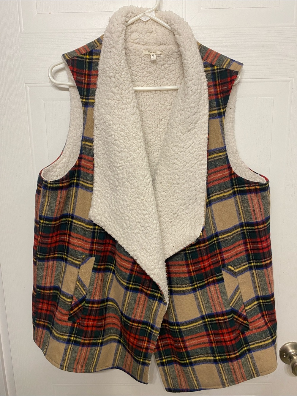 Maurices Plaid Sherpa Vest - Red, Tan & Cream